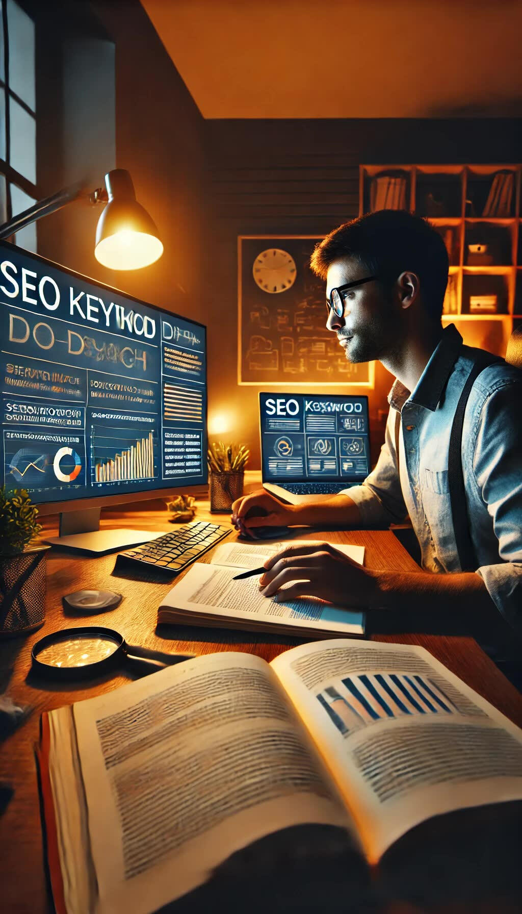 Content creator reviewing keyword data, research notes, and charts on dual screens, representing blog research and SEO optimization