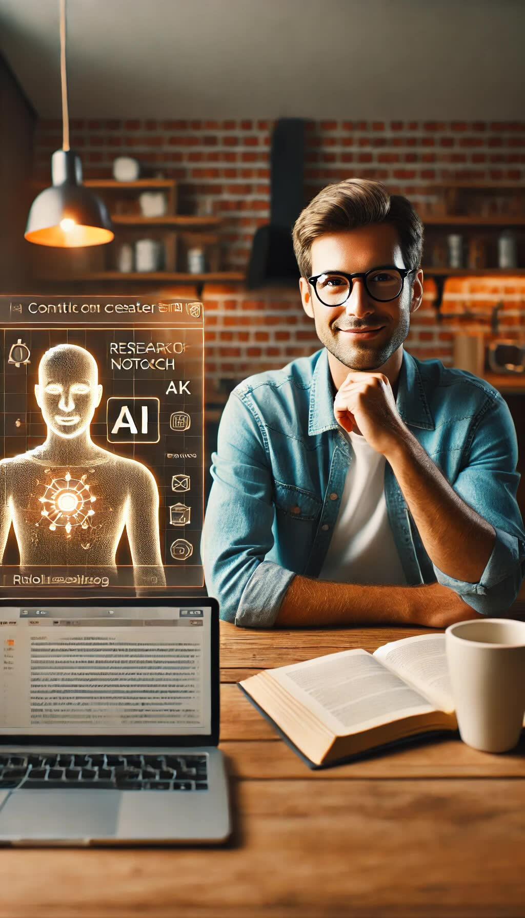 Content creator working at a desk with AI research notes on one screen and a polished blog article on the other, symbolizing hybrid AI and human collaboration for blogging