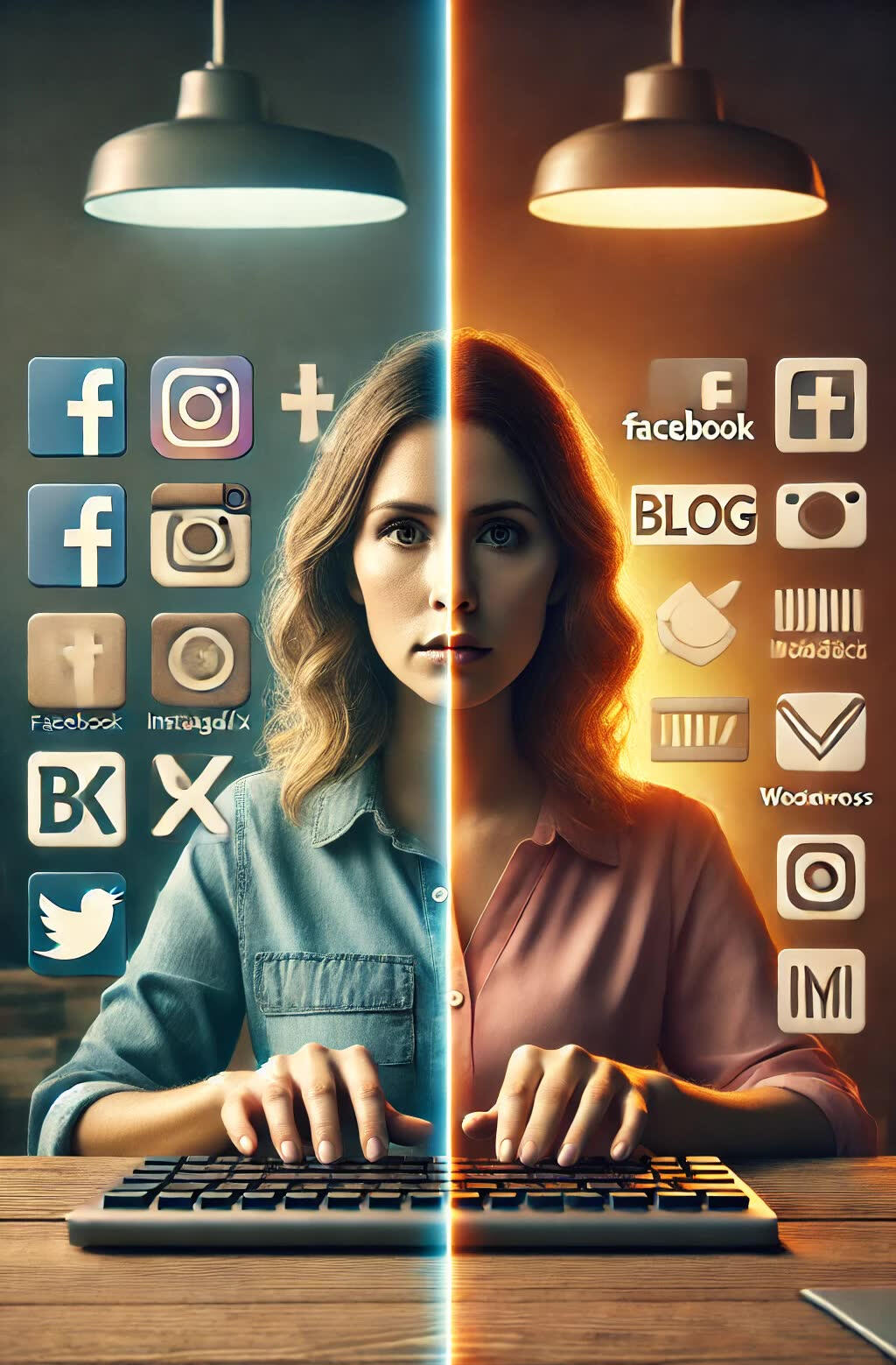 Split-screen showing a woman blogging. She is half human and half AI. Surrounding her are social media logos