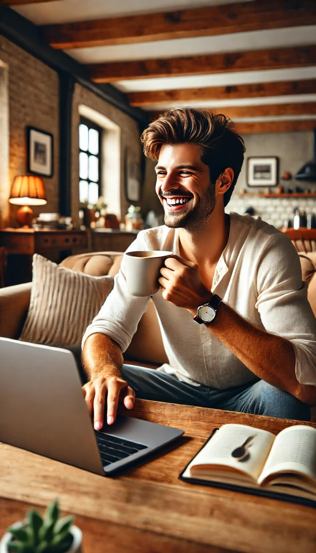Smiling business owner publishing a blog post on a laptop while holding coffee, representing satisfaction with hybrid AI and human blogging results