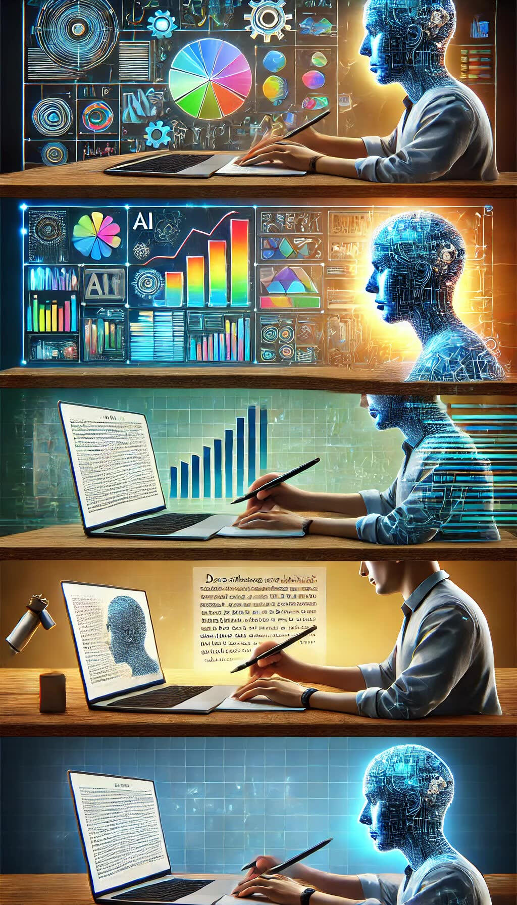 Hybrid Blogging Multi Step Process Three-step visual showing AI research data, blog drafting on a laptop, and a human editor reviewing text, illustrating the hybrid blogging workflow
