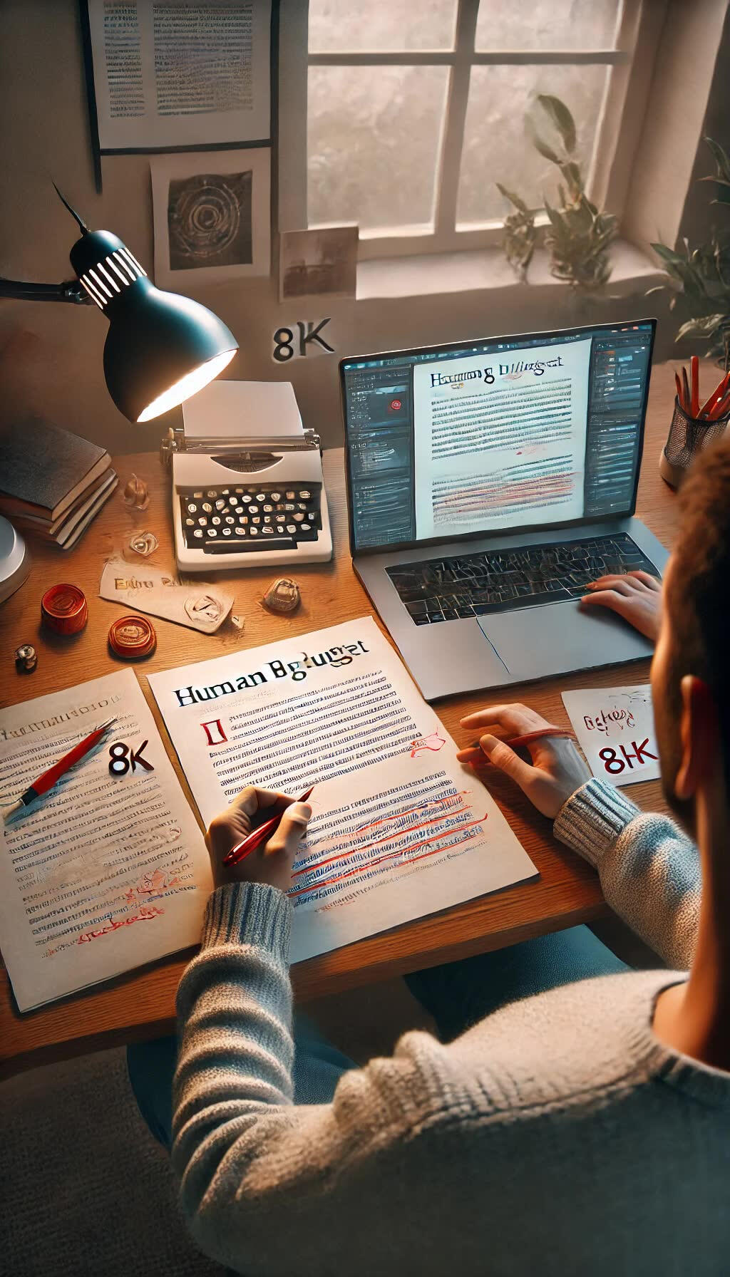 Human editor marking up a printed blog draft with red pen beside a laptop, representing human editing for AI-generated blog content